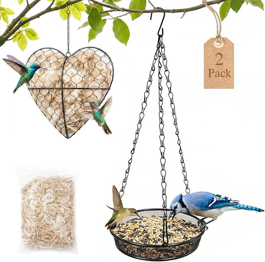 2 Pack Handmade Alpaca Fiber Bird Nesting Heart & Hanging Metal Mesh Bird Feeder Tray Kit - Outdoor Wild Bird Feeding & Nesting Kit for Garden, Patio, Backyard, Hummingbirds & Cardinals