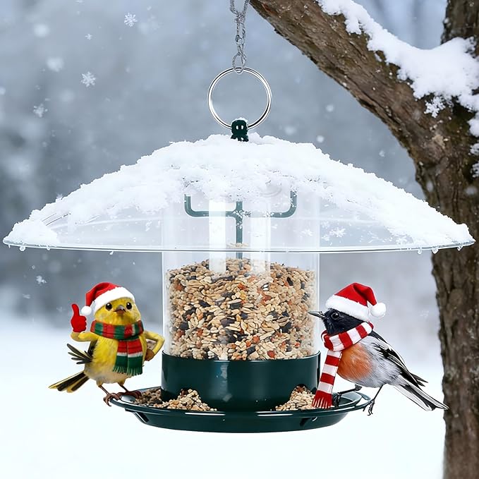 Gbekery Metal Bird Feeder for Outdoor Hanging with 12” Weatherproof Dome, Weather Resistant Wild Bird Feeder with 360 Degree Feeding Tray, Green