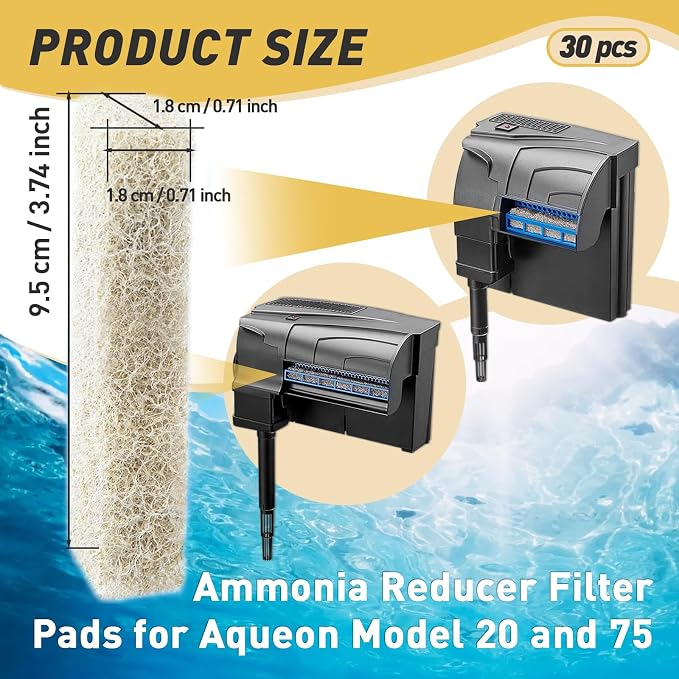 30 Count Ammonia Reducer Filter Pads for Aqueon - Replacement Filter Cartridges Small for Aqueon QuietFlow LED PRO Model 20 and 75