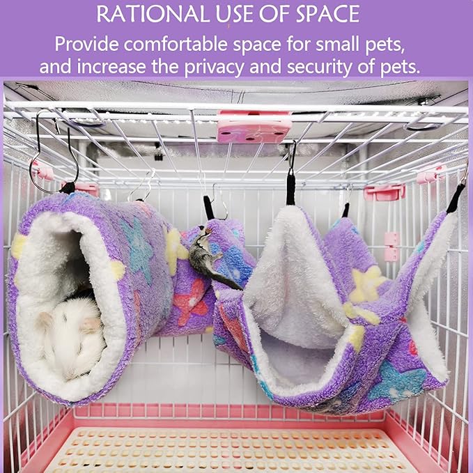 LEFTSTARER Guinea Pig Accessories Tunnel Sugar Glider Cage Accessories Hamster Rat Toys Ferret Hammock Hanging Tunnel for Small Animals （Purple-Star）