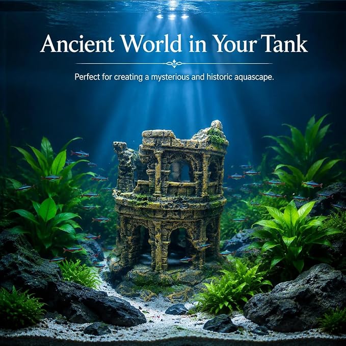 Antique Roman Column Ruins European Castle Aquarium Hideout & Fish Tank Decor: Roman Ruins & Aquarium Decor, Greek Aquarium Decor, Centerpiece, Hand Painted Decor, Cave Rocks (Roman Column Round)