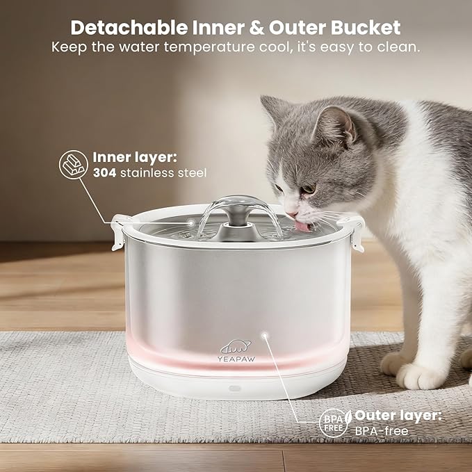 Cat Water Fountain Pumpless Stainless Steel Buckets & Bowl Wireless Pet Water Fountain 2.5L Water Fountains for Cats Indoor Dispenser Easy to Clean BPA -Free White