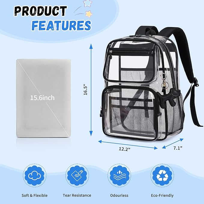 MOONBABY Clear Backpack for School Girls, Heavy Duty TPU Transparent Backpack Stadium Events Approved, Clear Bookbag