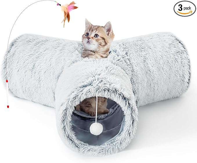 Tempcore Plush Cat Tunnel for Indoor Cats，Collapsible 3-Way Pet Tunnel Toy with Peek Holes for Cats, Kittens, Rabbits, Light Grey
