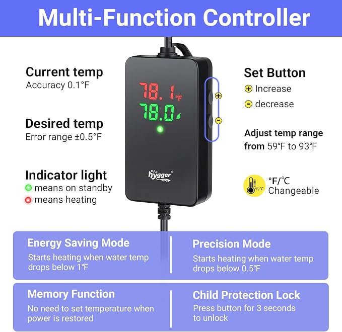 hygger ECO Precise Aquarium Submersible Heater, 500W for 55-100 Gallon Fish Tank Heater with Digital Display Adjustable Controller for Saltwater Freshwater