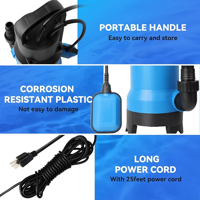KLABB 1.5HP Submersible Sump Pump, 4500GPH with 25ft Cord | Portable Water Removal Pump, for Basement, Pool, Hot Tub & Pond, Handles Clean & Light Debris Water