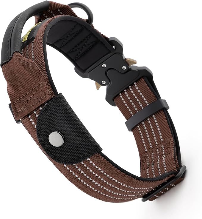 Plutus Pet Tactical Dog Collar with Tracker Pocket for AirTag, Adjustable Reflective Nylon Collar, Metal Buckle, Leather-Wrapped Handle, Soft Padded for Medium Large Dogs (Chocolate, S)