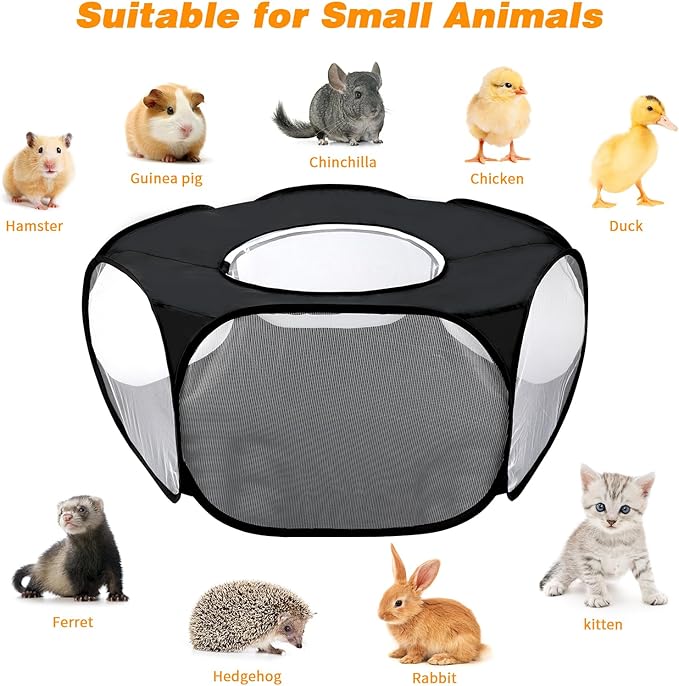 Rypet Collapsible Small Animal Cage Tent, Breathable Fabric Guinea Pig Playpen with Cover, Transparent Hamster Playpen Portable Pet Yard Exercise Fence for Reptile Rabbit Chinchilla Hedgehog(Black)