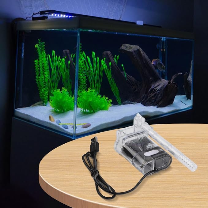 Aquarium External Filter USB Powered Waterfall Circulation Pump with Adjustable Flow for 3-5mm Glass Tanks, Transparent Plastic Hanging Back Filter for Small Fish Tank Cleaning