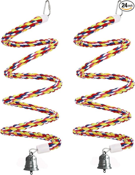 2Pcs 43'' Bird Rope Perches Birdcage Swing Toys 100% Cotton Natural Bird Perch Peck/Chewing with Vintage Bell Climbing Standing Bungee Parrot Toys for Small to Regular Size Parrot Cockatiel Birds