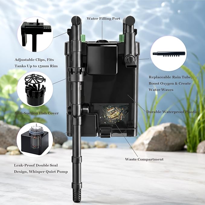 Hang on Back Aquarium Filter with Surface Skimmer, Backwash function | 2-Stage Filtration Fish Tank Filter|Power Filter for 8-10 Gallon|Waste Sump Chamber|Advanced Aquarists & Beginners
