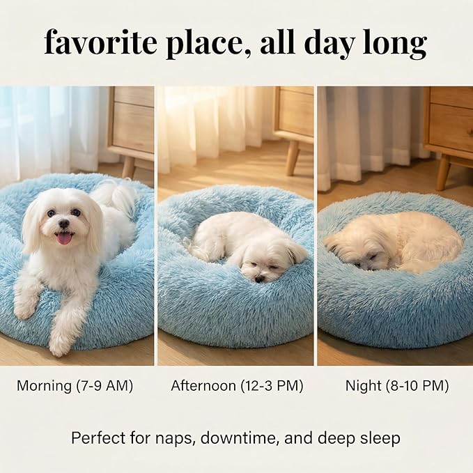 Calming Donut Dogs Beds for Small Dogs Washable,23inch Plush Round Pet Bed for Cozy Sleep,Fluffy Faux Fur Large Cat Bed,Fits up to 25 lbs Pets,Washed Blue