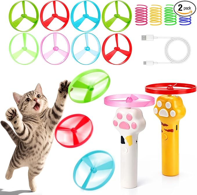 BABORUI Cat Toy Disc Launcher, Rechargeable Interactive Cat Fetch Toy Launcher with 8 Flying Discs, Flying Enrichment Toys for Indoor Bored Kittens & Adult Cats (Yellow+White)