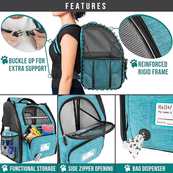 PetAmi Expandable Dog Backpack Carrier for Cats & Pets, Breathable Cat Carrier Backpack with Top Window & Multi-Entry, Ventilated Foldable Travel Carrier for Small Medium Pets up to 18 lbs, Teal Blue