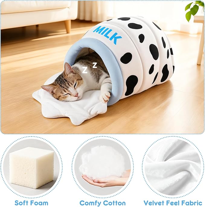 Milk Bottle Cat Cave Bed - Covered Cat Beds for Indoor Cats with Removable & Washable Cushion, Enclosed Kitten Puppy Hut, Cute Kitty Hideaway for Small Cats Dogs and Pet Breeds