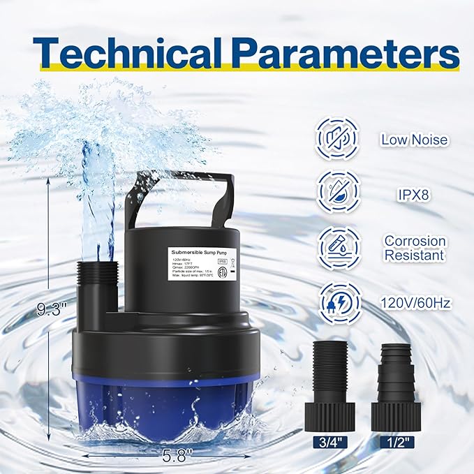 AgiiMan Submersible Water Pump - 1HP 3500GPH Pool Cover Pump for Pool Draining, Pool Cover Pump with 25FT Power Cord for Basements, Pool, Fountains, Hot Tub, Garden, Blue
