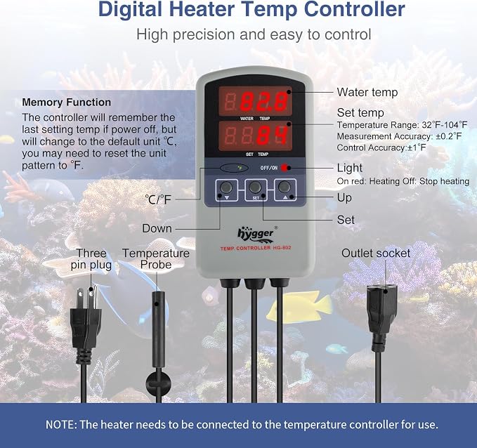 hygger 50W Titanium Aquarium Heater for Salt Water and Fresh Water, Digital Submersible Heater with External IC Thermostat Controller and Thermometer, for Fish Tank 5-10 Gallon