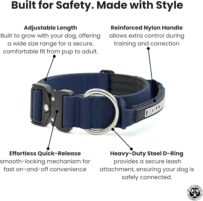 Heavy Duty Dog Collar, Tactical Dog Collar, Dog Collars for Medium Dogs, Waterproof Dog Collar, Dog Training Collar, Quick-Release Metal Buckle, Adjustable Sizes – BULLYBREED (Navy Blue, Medium)