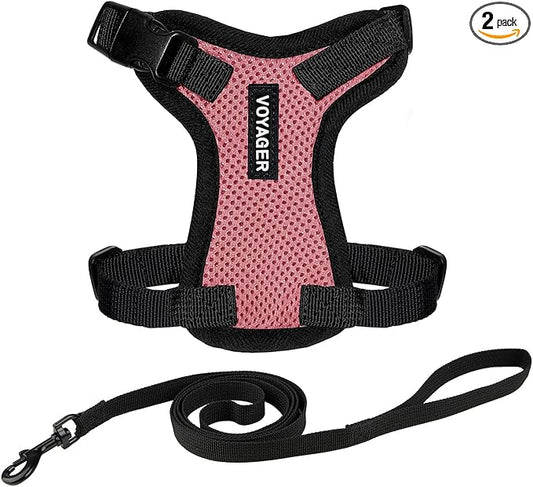 Voyager Escape-Proof Step-in Lock Cat Harness & 5ft Neoprene-Handle Leash Set All-Weather Mesh with Reflective Stitching for Small to Large Cats by Best Pet Supplies, Pink/Black Trim, XS