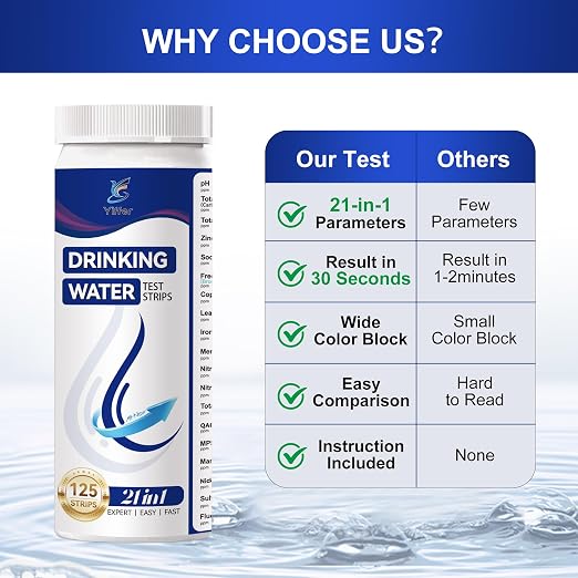 21-in-1 Drinking Water Test Strips, 125ct for Well & Tap | Manual,Works for pools&Aquarium,Tests Lead, Fluoride, Chlorine, Hardness, pH, Iron, Copper, Nickel, MPS & more