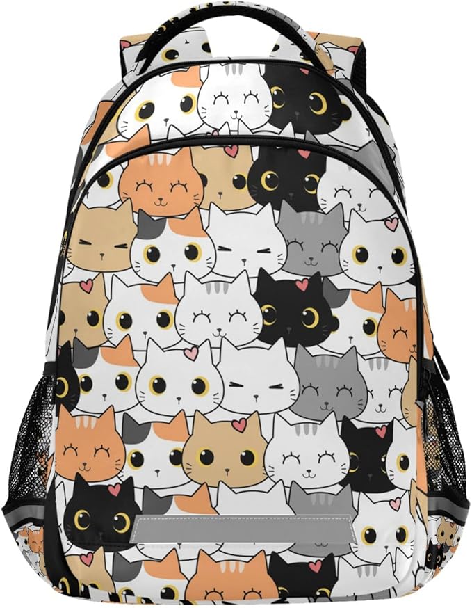 Sinestour Cute Cat School Backpack for Boys Girls Portable Wide shoulder strap Backpack Lightweight Travel Bag College Casual Daypack with Reflective Strip Large