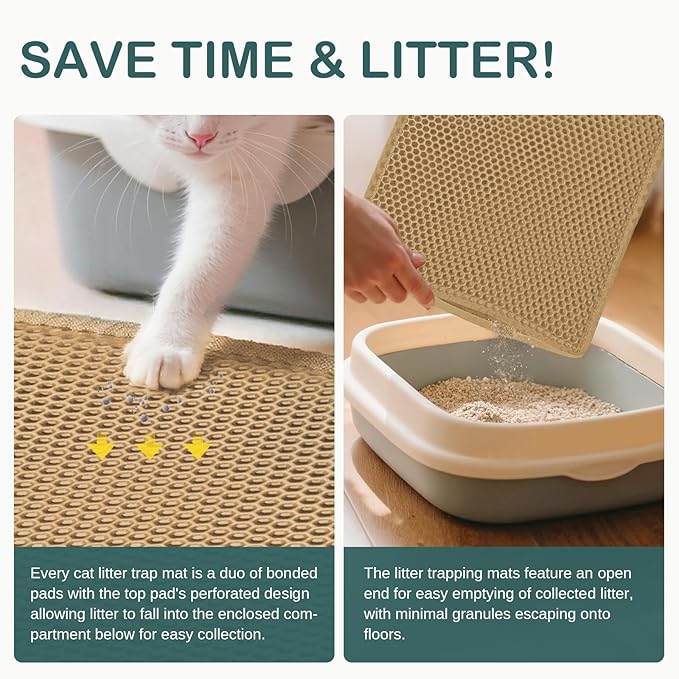 47.2''x27.6''Inch, Cat Litter Trapping Mat, Double Layer Waterproof Proof Litter Box mat, Non-Slip Design, Reduces Litter Scatter, Easy to Clean, Beige Cat Litter Mat