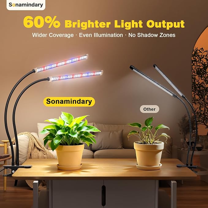 LED Grow Lights for Indoor Plants, Clip-On Clamp, Dual Head | 120 LEDs, Metal Arms with Silicone Sleeves, Upgraded 9V System, 5700K Full Spectrum, 4/8/12H Timer, 5 Brightness Levels