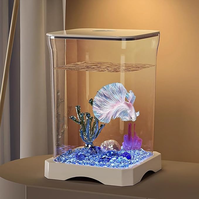 Small Fish Tank - LED Aquarium, Acrylic Mini Bowl with Feeding Hole, Compact Betta Container, Clear Stylish Design | Home Office Decoration, Desktop Display, Bedroom Aquarium, Small Aquatic Habitat