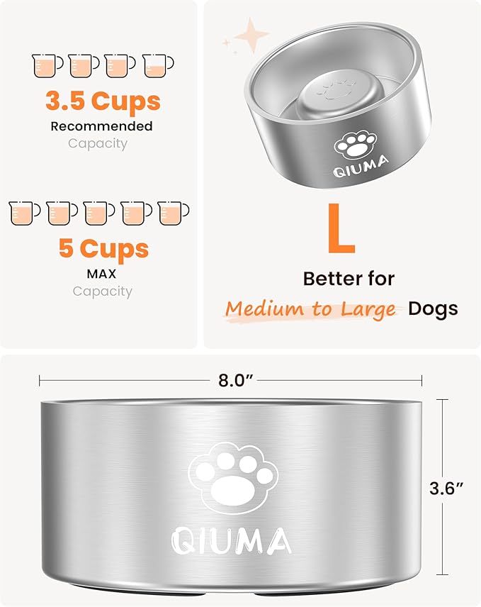 Qiuma Slow Feeder Dog Bowls Stainless Steel, Food-Grade 304 Dog Slow Feeder Bowl 3.5 Cups Capacity, Heavy Duty Double-Layer with Non-Slip Base, Pet Puzzle Bowl for Medium & Large Dogs (Silver)