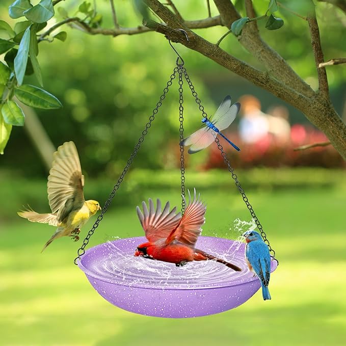 Hanging Bird Bath for Outdoors,Metal Birdbath Bowl with Magnetic Dragonfly Decor Garden Bird Feeder & Water Basin for Backyard,Patio,Decoration,11 Inch Purple Speckled