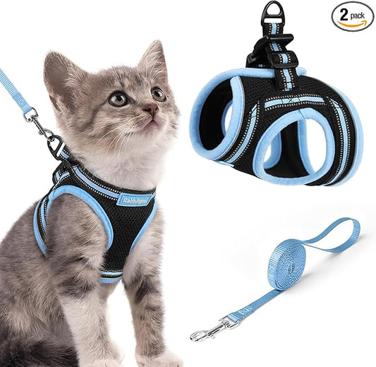rabbitgoo Cat Harness and Leash Set for Walking Escape Proof, Adjustable Soft Kittens Vest with Reflective Strip for Cats, Comfortable Outdoor Vest, Black & Light Blue, S