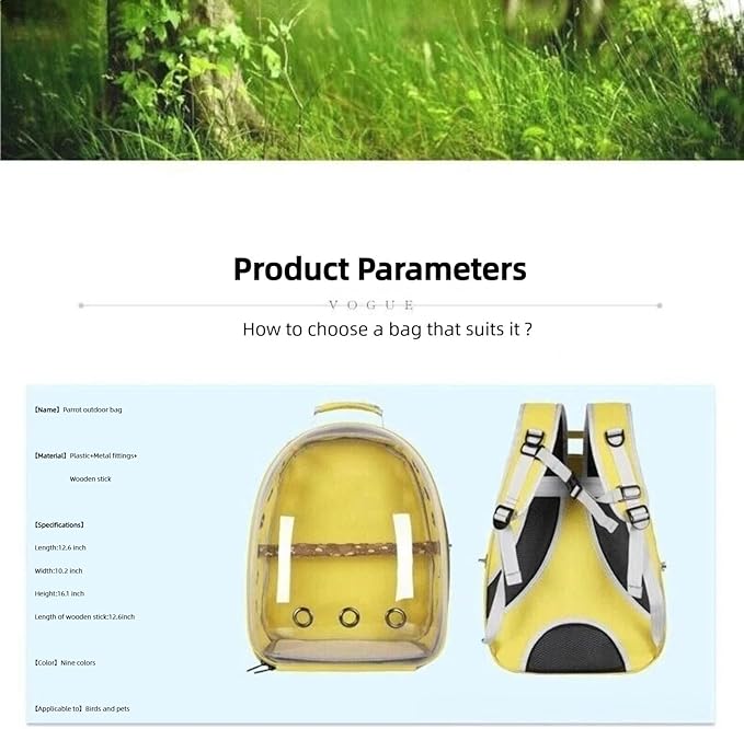 Bird Backpack, Lightweight and Breathable Outdoor Travel Backpack with 12 Breathable Holes, Wooden Pole, Adjustable Shoulder Strap for Birds and Pets (Yellow)