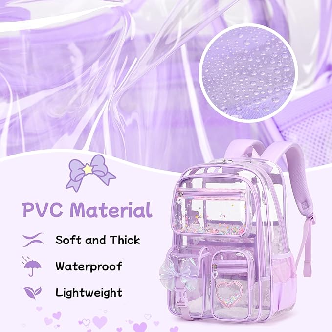 MOONBABY Clear Backpack for Girls, Clear Bookbag Heavy Duty Transparent Backpack for Stadium Events, See Through Back Pack for Kindergarten Elementary Middle High School, Purple
