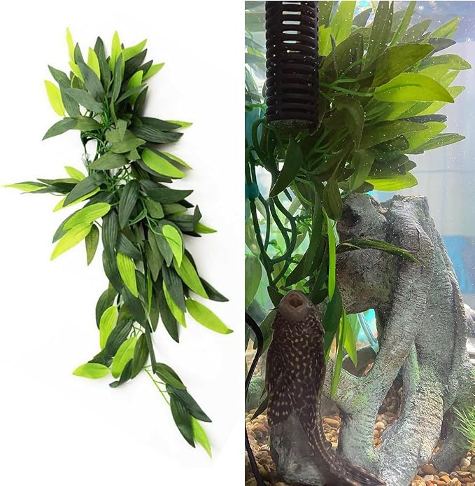 Artificial Aquarium Plants Plastic, Reptile Plants Hanging Silk Terrarium Rattan Ornament with Suction Cup (Green)