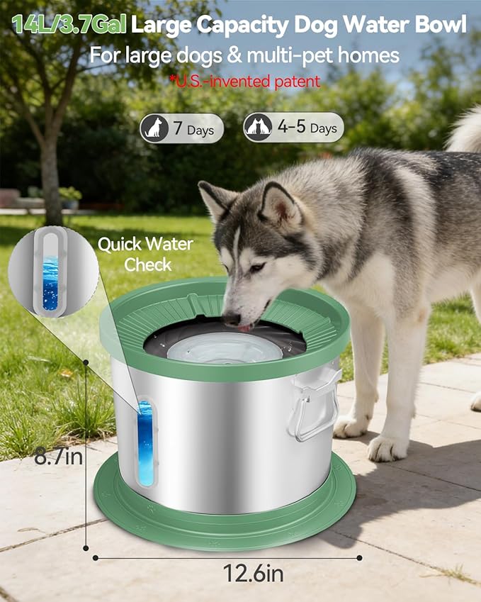 UPSKY 14L No Spill Dog Water Bowl, Stainless Steel Spill Proof Dog Bowl with Water Window, Dual-Suction Anti-Slip Large Capacity Slow Drinking Bowl with Floating Disk for Large Dogs & Messy Drinkers