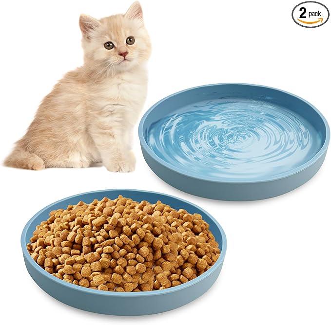 Silicone Cat Food Bowl Shallow Dishes 5.9in Wide Cats Bowls Set of 2 Kitty Plates Relief Whisker Fatigue Puppy Feeding Bowl for Dry Food and Wet Food Indoor (Round Blue)