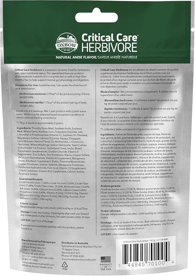 Oxbow Critical Care Herbivore Assist Feeding Formula for Rabbits & Guinea Pigs, High Fiber Timothy Hay Recovery Food, Natural Anise Flavor, Vet Recommended Emergency Nutrition, 454g 2 Pack