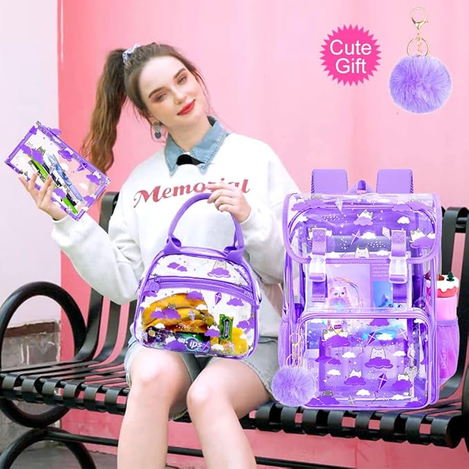 17" Cat Clear Backpack for Girls - 3Pcs Flip Design Stadium Approved Set, Campus/School Transparent Bookbag (Purple)