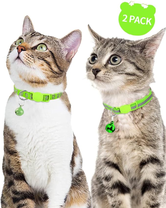 Taglory Reflective Cat Collar Breakaway with Bell, High Visibility Night Strip, Lightweight Adjustable Nylon Collar for Boy Girl Cats, 2 Pack, 7.5-12.5 Inch, Green