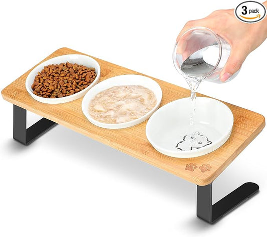 3 Elevated Cat Bowls Tilted Anti Vomiting Ceramic Raised Cat Food Bowls for Food and Water, Cat Dishes for Indoor Cats with Non-Slip Stand & Bamboo Board, Dishwasher Safe - 1 Step Assemble