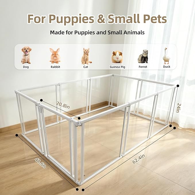 NiceTCU 24" H Acrylic Dog Playpen Indoor, Metal Frame Clear Dog Playpen with Door - 10 Panels, Easy Assemble Pet Fence, DIY Foldable Pet Pen for Ducks Puppy Rabbit Small & Medium Pets- 10Pcs White