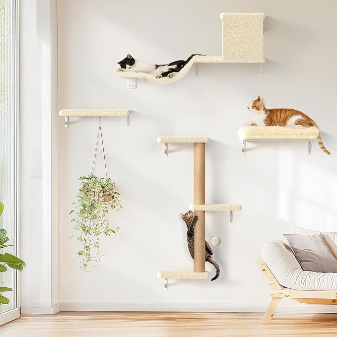 FUKUMARU Cat Wall Shelves, Stable & Safe 5 in 1 Cat Walls Furniture Set, Wooden Kitten Climbing Wall with Scratching Post for 16 Inch Drywall - Beige