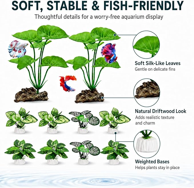 10 Pack Silk Aquarium Plants Fish Tank Decorations - Soft Fin-Safe Fish Tank Plants Large Aquarium Decor for 5-40 Gallon Betta, Goldfish & Reptiles Tanks Accessories