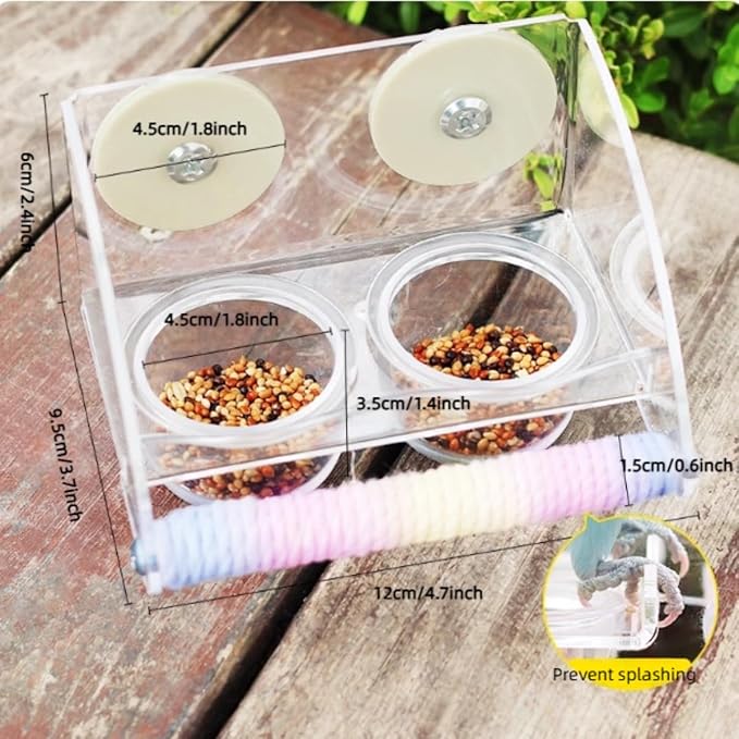 Seed Catcher Bird Feeder No Mess - Dual Bowl Cage Mount with Clear Acrylic, Colorful Hemp Rope Wrapping Wood Perch & Removable Acrylic Cups - for Budgies, Finches, Canaries, Parrotlets, Conures
