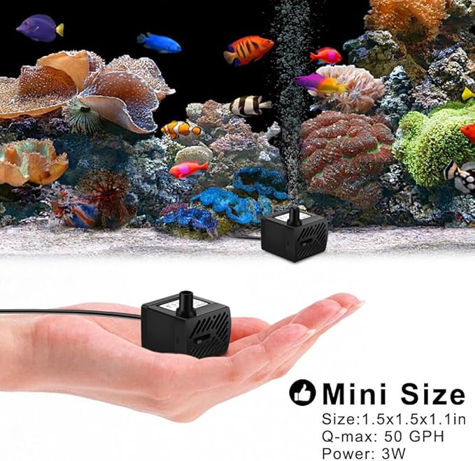 PULACO 2Pcs Mini Fountain Pump (50GPH 3W), Ultra Quiet Submersible Water Pump for Aquarium, Small Fish Tank, Pet Water Fountain, Tabletop Fountains, Water gardens and Hydroponic Systems