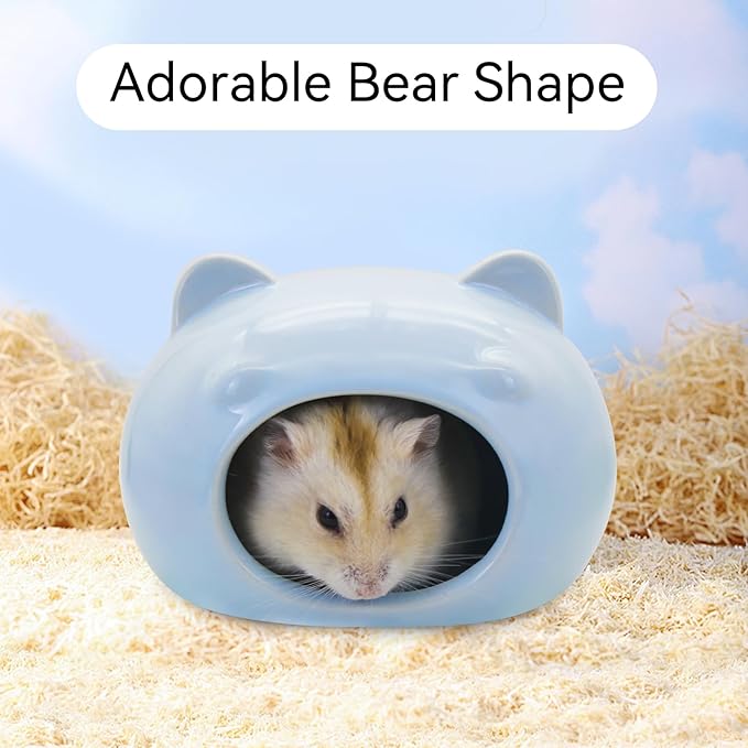Hamster Ceramic House, Cute Bear Shape Hamsters Summer Cooling Cave for Small Pets Dwarf Mice Gerbils (Pink, S)