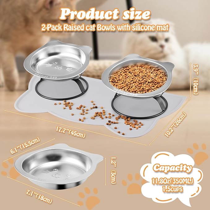 Elevated Cat Bowls with Non-Slip Mat - 7.1" Wide Whisker Friendly Dishes, Neck Stress-Free, Raised Stainless Steel Bowls for Flat-Faced/Senior Cats & Small Dogs, Indoor/Travel Use, 2-Pack