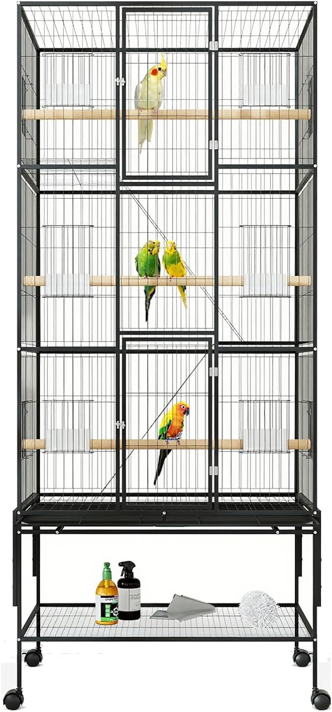Extra Large Bird Cage, 69'' Metal Parrot Flight Cage with Storage Shelf & Pull-Out Tray for Mid-Sized Parrots Parakeets, Canaries, Finches, Cockatiels, Lovebirds
