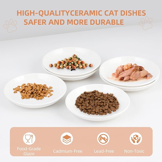6 Pack Cat Food Bowl, Ceramic Cat Bowls, Anti Whisker Fatigue Cats Bowl Set,5.5 Inches Shallow Wide Kitten Plates for Food and Water (White-E)
