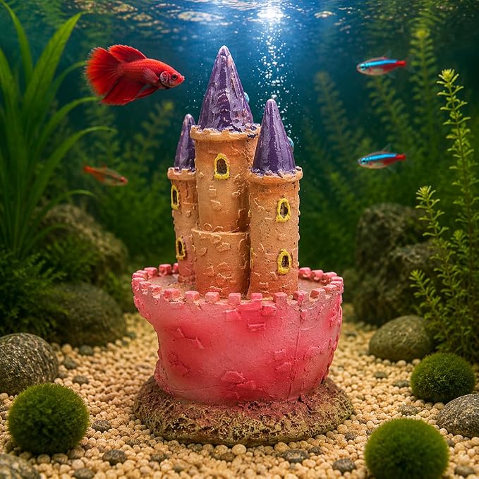 Pink Castle Resin Aquarium Ornament, Large Fish Tank Decoration with Heart-Shaped Cave, Betta Hideout for Freshwater and Saltwater Tanks
